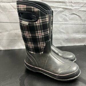 Bogs Black and Pink Plaid Kids Rain & Snow Boots
